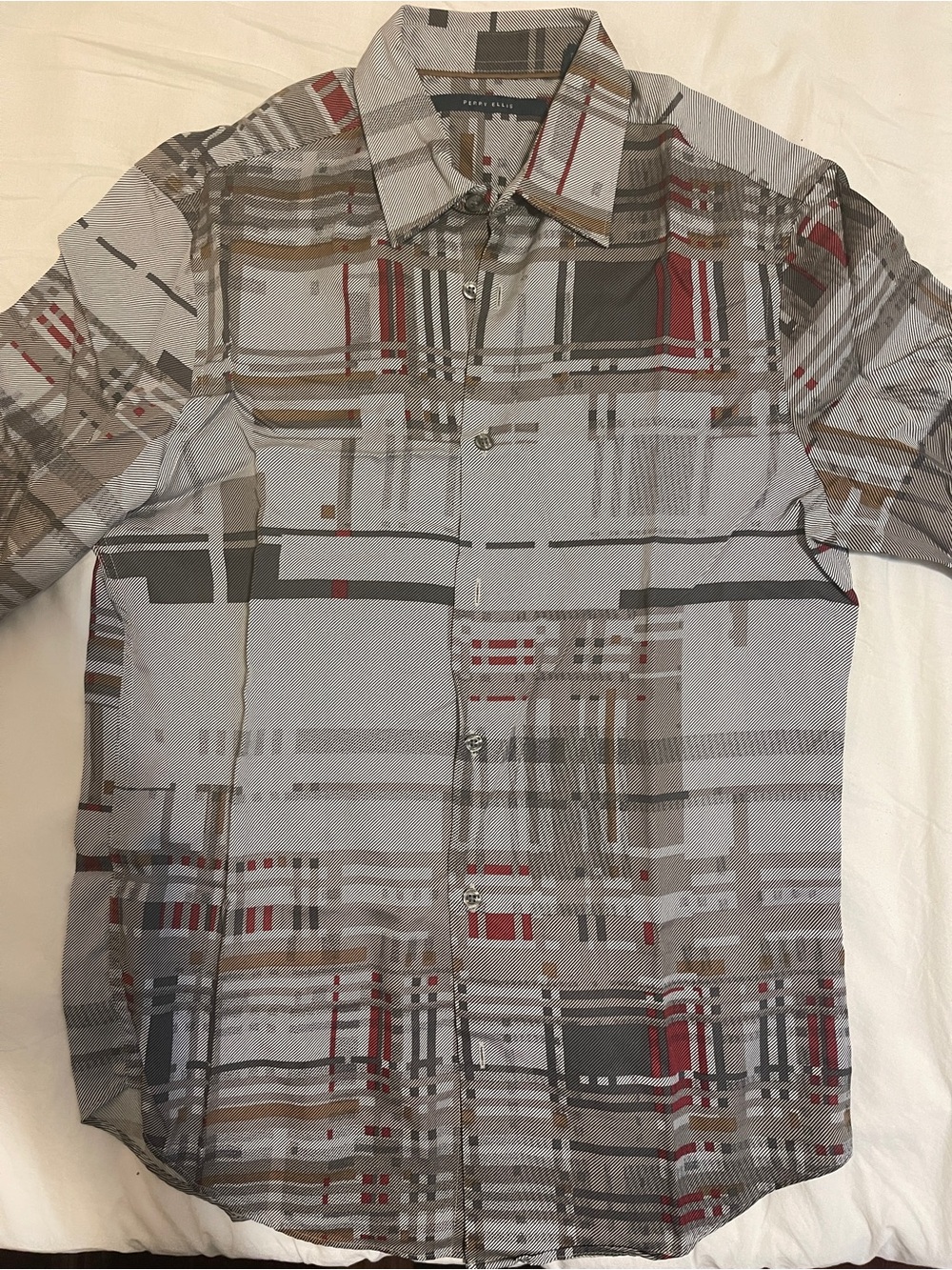 Perry Ellis Button-Up Shirt in White, Black, Red and Brown Plaid